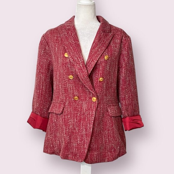 ELLEVEN Red Tweed Blazer Gold Button Lined Double Breasted Jacket Size XL - Picture 1 of 11